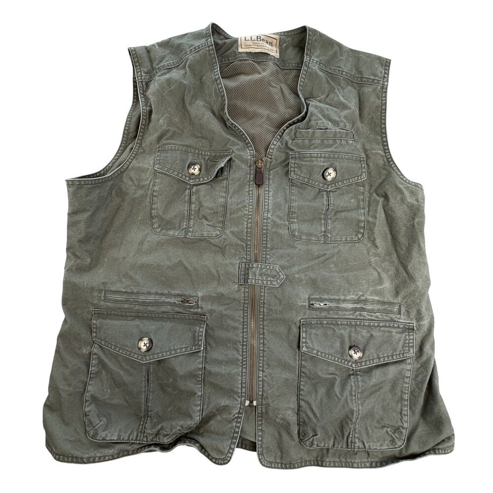 L.L.Bean Vest Mens Large Green Canvas Utility Full Zip Pockets Hiking Outdoor